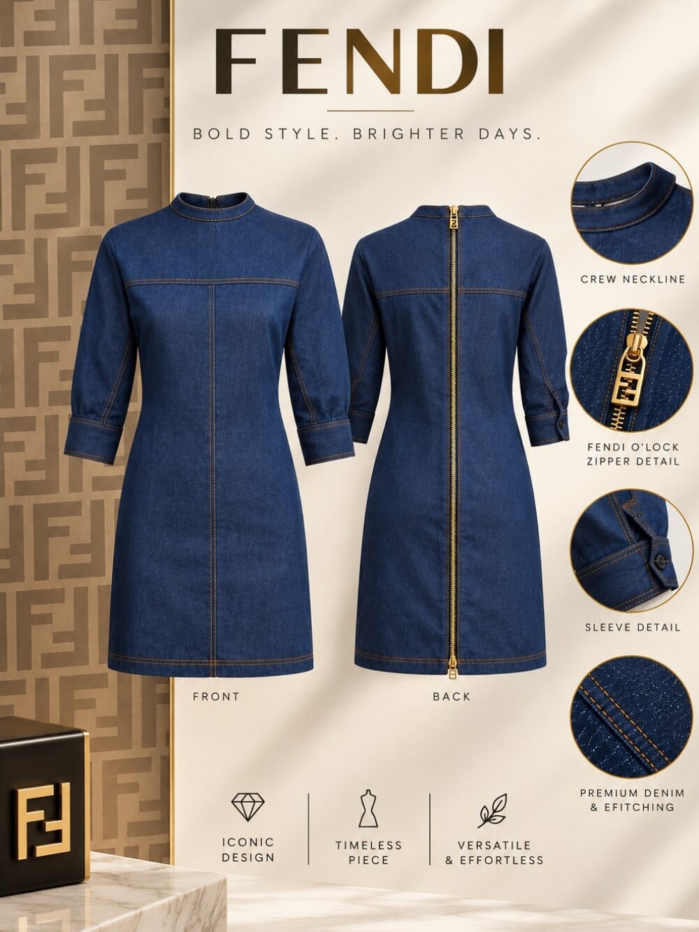 NWT! $1950 Fendi Abito Blue Denim Mini Dress Size 38/XS/2